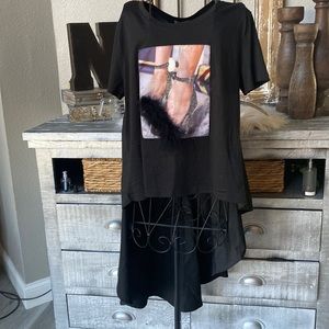 NWT Hi Low Black Top with fur and Rhinestones by WHY size large